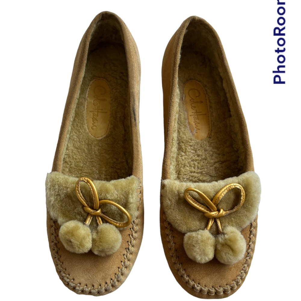 Cole Haan suede pompom slippers